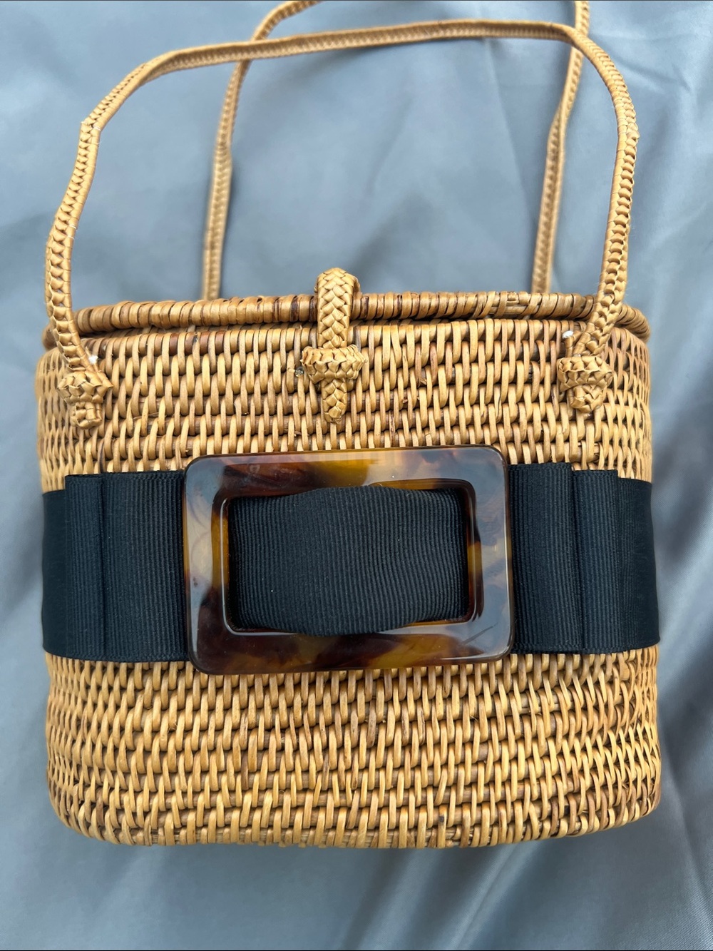 BOSOM BUDDY BAG-Woven Mini Basket Bag with Black Ribbon and Tortoiseshell Buckle